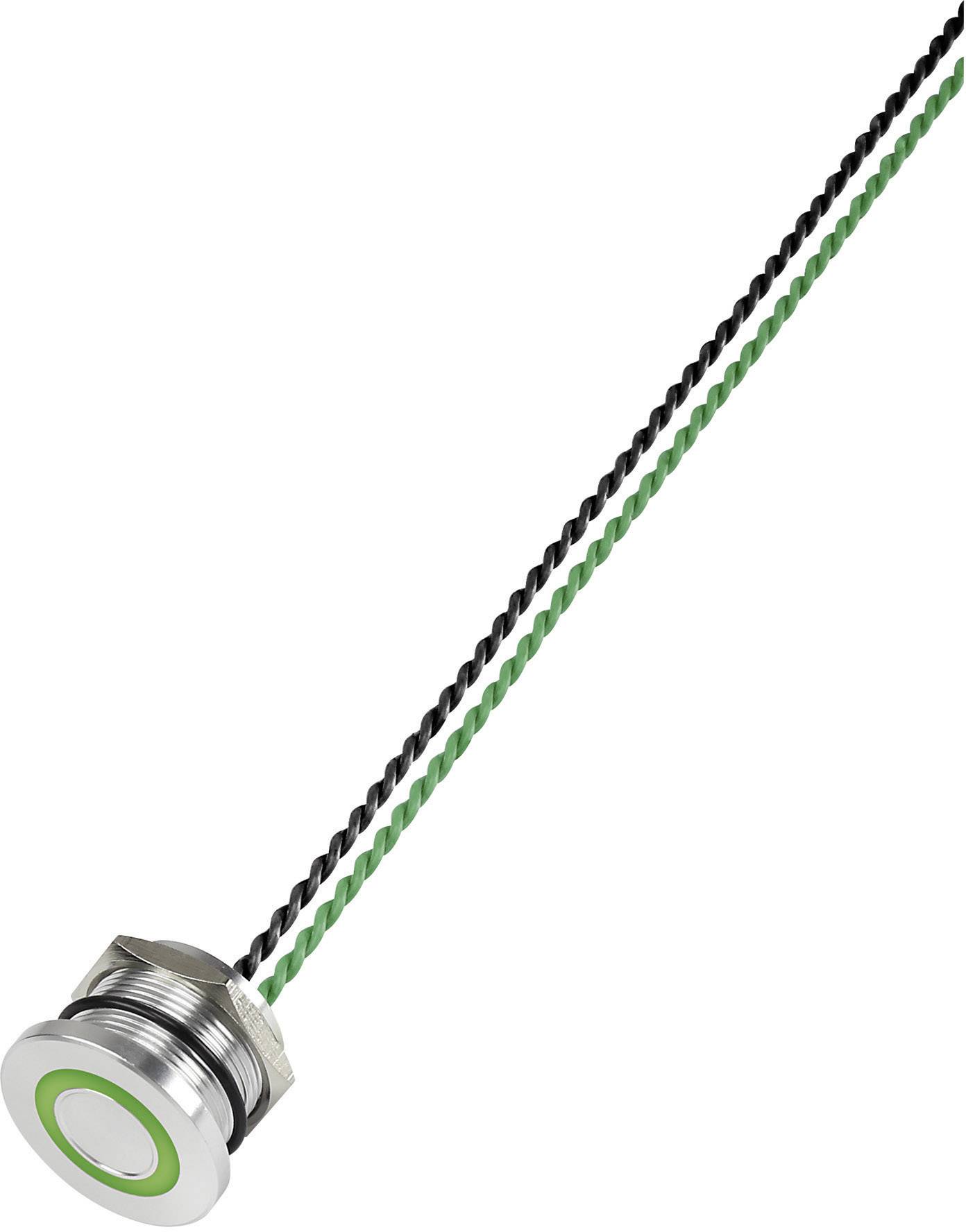 Bouton-poussoir argenté avec un bord vert lumineux, relié à un câble torsadé vert et noir.