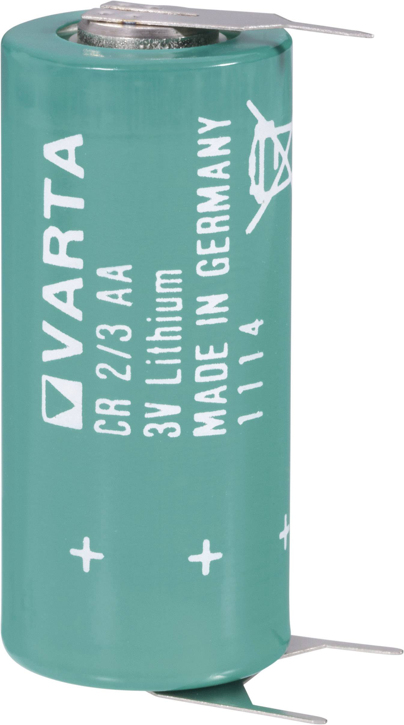 Batterie cylindrique verte au lithium de Varta, modèle CR 2/3 AA, 3V. Marquage : « Made in Germany ».