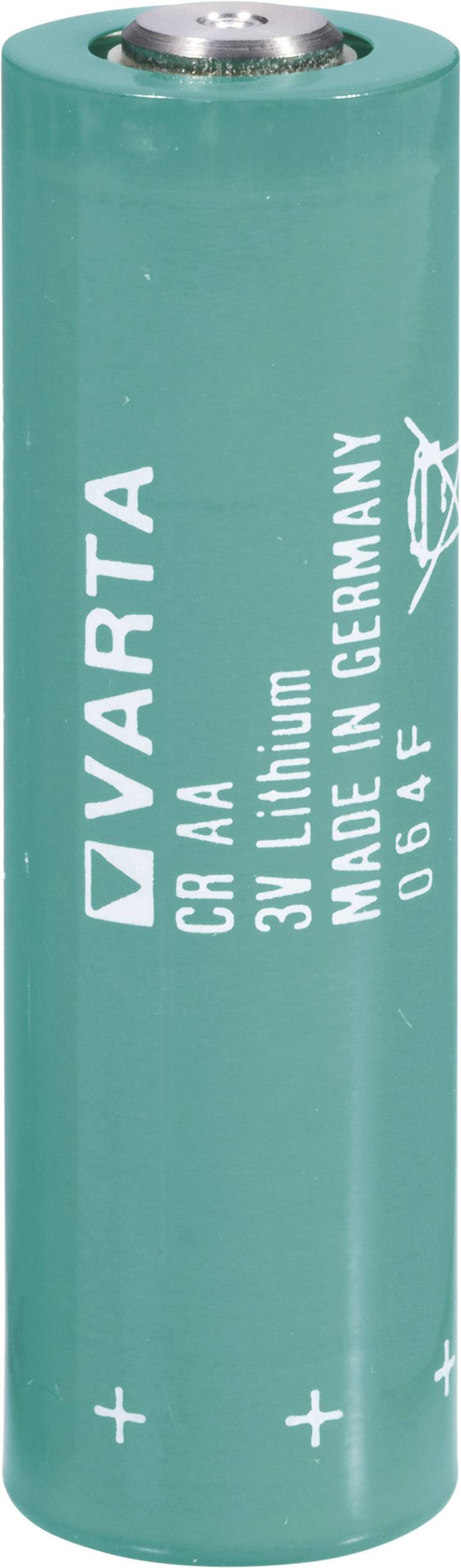 Batterie lithium-ion verte de la marque Varta, type CR AA, avec l'inscription 'Made in Germany'.