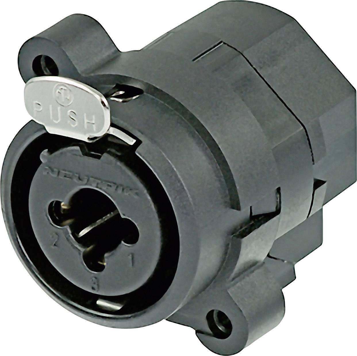 Gros plan sur une fiche XLR mâle tripolaire avec un boîtier noir et un bouton poussoir argenté, utilisée pour les câbles audio.