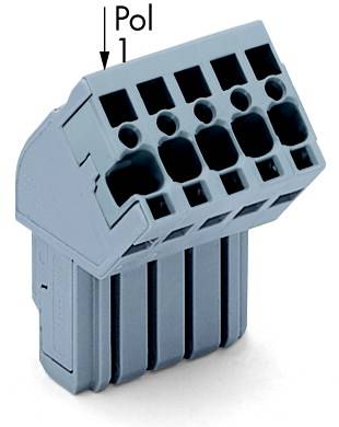 Connecteur électrique gris avec six ouvertures de connexion, marqué d'une flèche 'Pôle 1' pour le bon alignement.