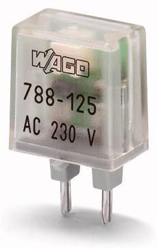 'WAGO 788-125 Relais, CA 230 V' dans un boîtier transparent avec deux broches métalliques en bas.