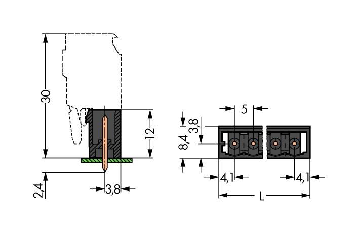 'Dessin technique d'un connecteur bipolaire avec dimensions : 2A, 3,8, 4,1, 4,3, 5, 8,4, 12, 30, L.'