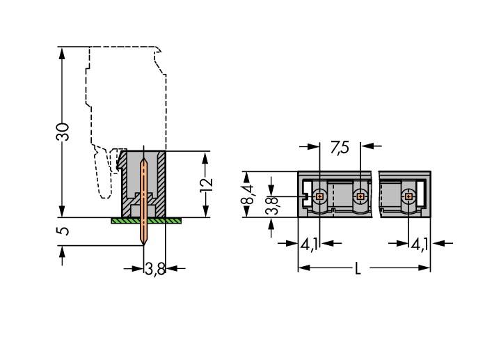 L'image présente un dessin technique d'un boîtier de bornes pour circuit imprimé à deux pôles, avec des dimensions indiquées en millimètres.