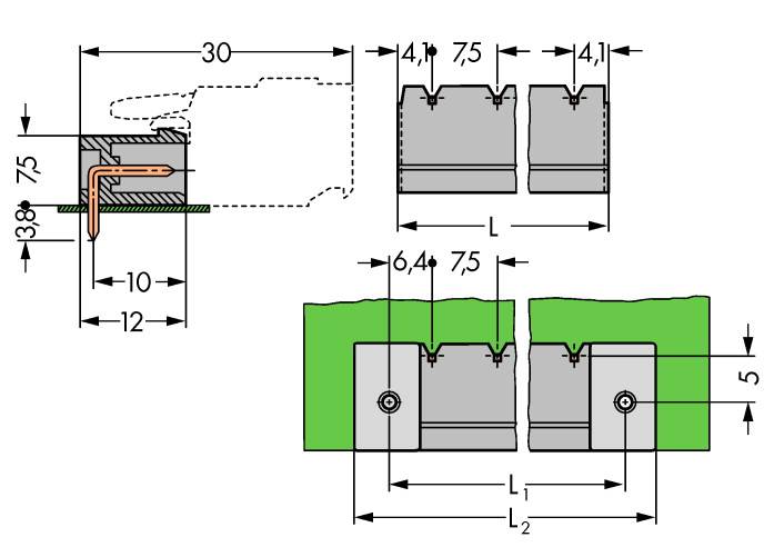 Dessin technique d'une coupe transversale d'un composant mécanique avec indications dimensionnelles. Présente les détails de fixation et les dimensions.