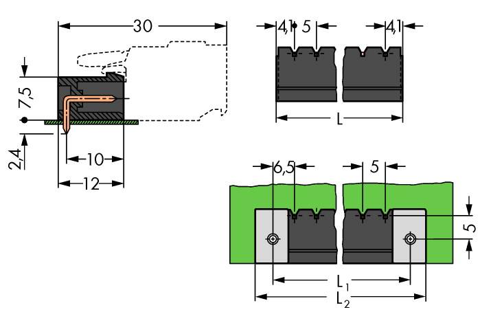 Dessin technique d'un connecteur électrique avec cotations en millimètres. Deux vues montrent la longueur, la largeur et la hauteur du connecteur.