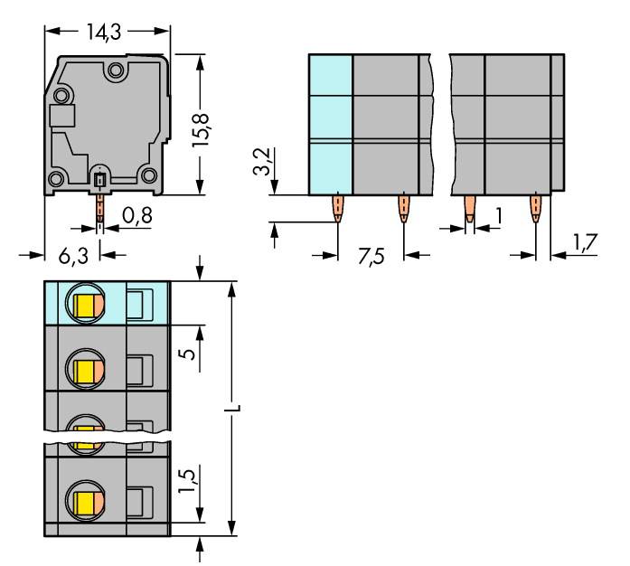 Bornier à ressort WAGO 739-205 2.50 mm² Nombre de pôles 5 gris 120 pc(s)