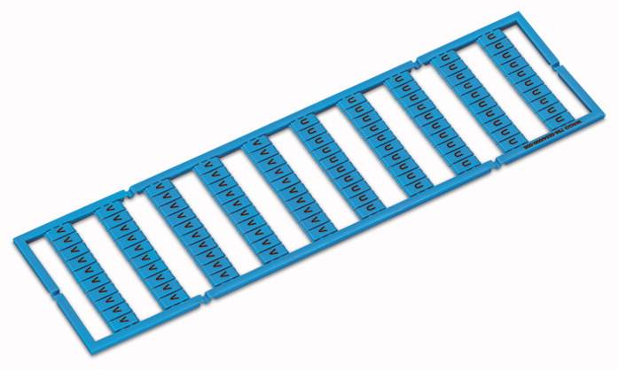 Un gabarit en plastique bleu avec des découpes rectangulaires alignées, utilisé pour un positionnement ou un marquage précis.