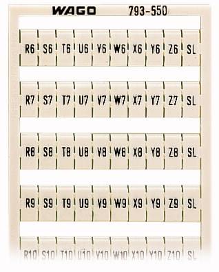 Ruban adhésif 'WAGO 793-550' avec des combinaisons de chiffres et de lettres en rangées : R6-SL, T6-SL, U6-SL, V6-SL, W6-SL, Y6-SL, Z6-SL, etc.
