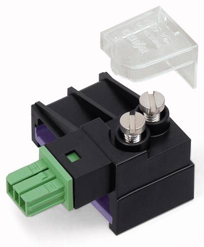Un connecteur électrique noir et vert avec deux vis visibles et un couvercle transparent amovible.