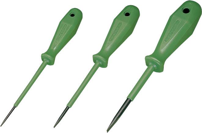 Trois outils de vissage verts de différentes tailles sur un fond blanc.