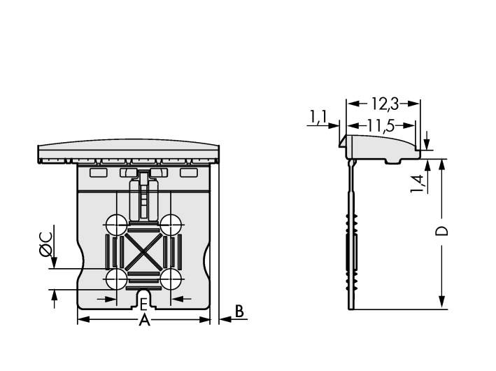 Dessin technique d'un connecteur électrique. Présente les vues de face et de profil avec des dimensions précises en millimètres.