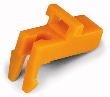 Une pièce en plastique orange avec deux dents rondes et une poignée rectangulaire, probablement un embout d'outil spécialisé.