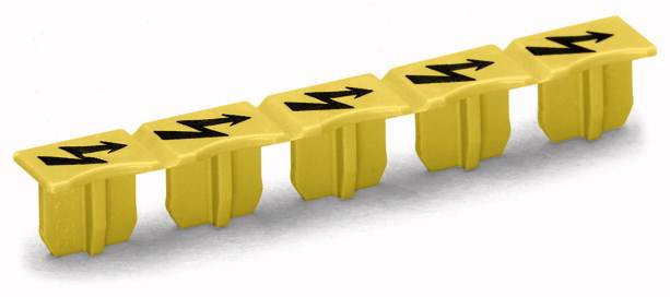 Élément de séparation jaune avec cinq symboles de flèches alignés, indiquant la direction pour une utilisation dans les armoires électriques.