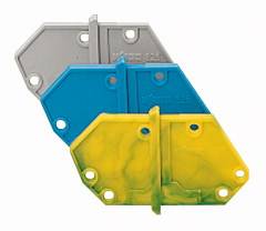 Pièces en plastique de couleurs grise, bleue et jaune, superposées avec des trous de fixation.