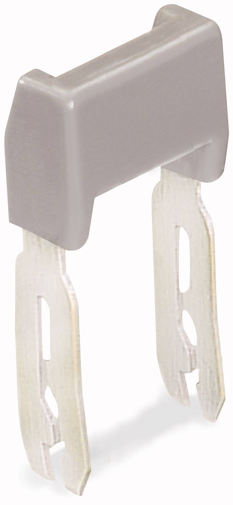 Un support de fusible plat gris avec deux contacts métalliques, pour connecter des fusibles dans des systèmes électriques.