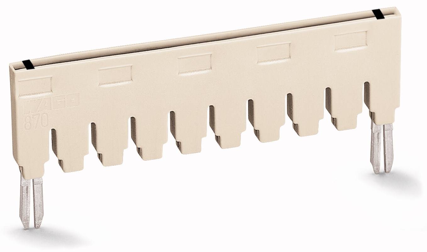 Une fiche électronique étroite et rectangulaire à dix broches. La fiche est beige avec des contacts en argent.
