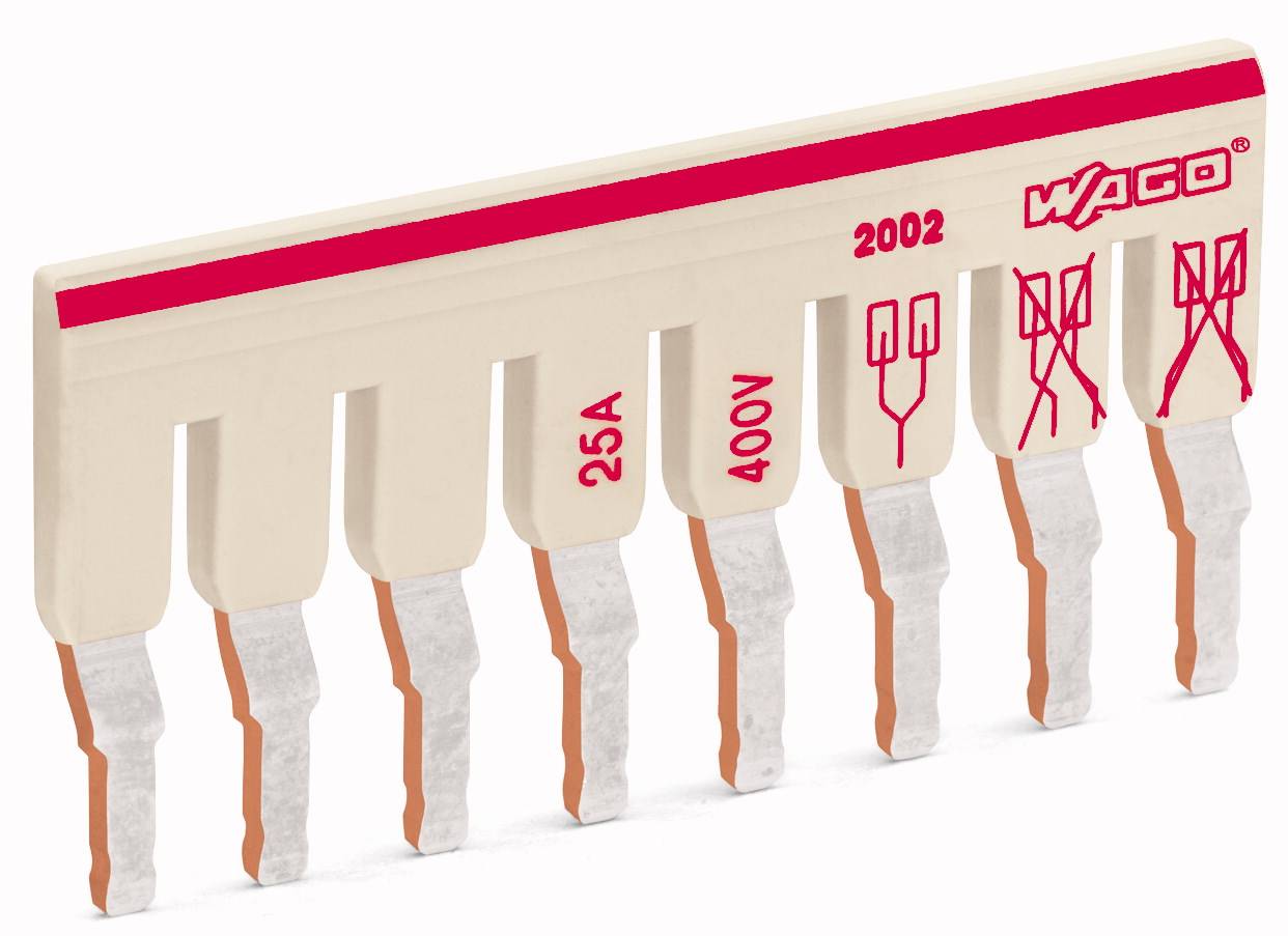 Fiche isolante 'WAGO 2002' pour 25A/400V avec des marquages rouges sur le dessus et huit ergots de connexion.
