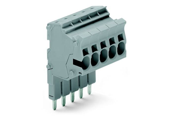 Un connecteur électrique gris avec six broches et six alvéoles rondes, adapté aux connexions de circuits imprimés.