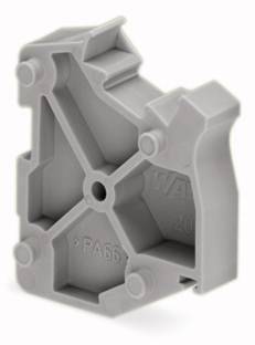 Pièce en plastique grise, structure complexe à plusieurs niveaux et cavités, marquages symboliques 'PA66', aucune fonction apparente.