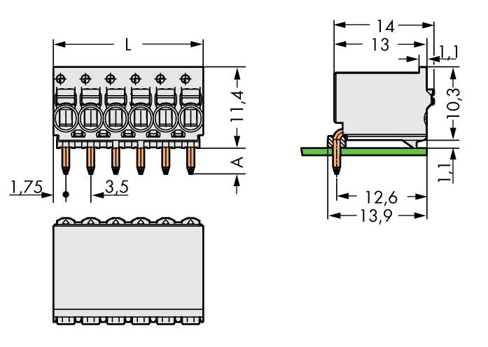 Dessin technique d'un connecteur : vue latérale et vue de dessus avec dimensions en millimètres. Indique les écarts entre broches et la taille du boîtier.