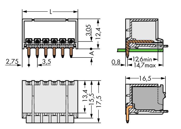 Dessin technique d'un connecteur avec dimensions : hauteur 12,4 mm, longueur 16,5 mm, largeur 13,4 mm, hauteur de montage 12,6-14,7 mm.