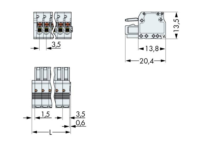 Dessin technique de connecteurs électriques avec indications dimensionnelles. Présente une vue de dessus et une vue latérale avec des dimensions détaillées.