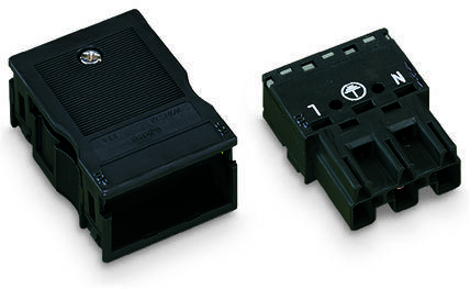 Deux connecteurs électriques noirs, celui de gauche plat et rectangulaire, celui de droite comportant trois emplacements étiquetés '1', 'N'.