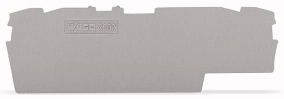 Un capuchon de fermeture gris portant l'inscription « WAGO 2002 », utilisé pour recouvrir des blocs de bornes dans les installations électriques.