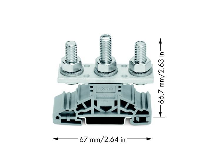 Module de borne électrique tripolaire, vis visibles en haut. Hauteur : 66,7 mm ; Largeur : 67 mm. Convient pour les connexions de câbles.