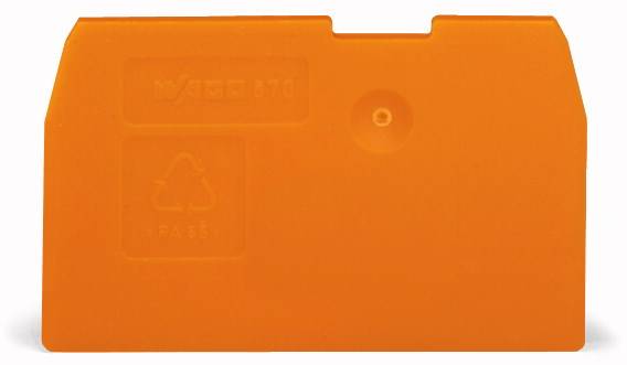 Puce en plastique orange avec symbole de recyclage et inscription « PA 66 ».