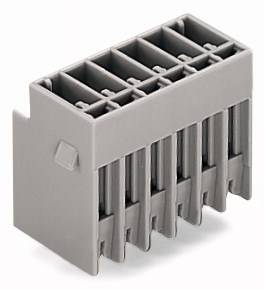 Connecteur en plastique gris rectangulaire, doté de plusieurs emplacements verticaux et d'un crochet latéral, utilisé pour les connexions électriques.
