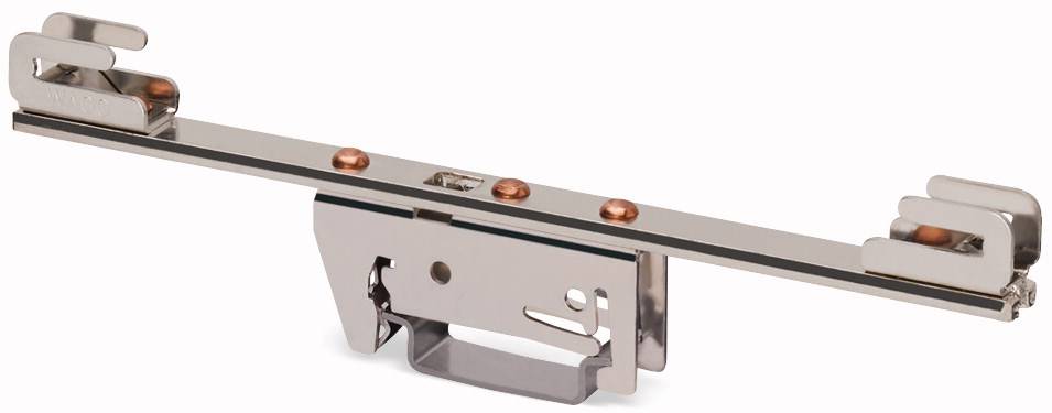 Support de fixation métallique à clip pour le montage de composants de cuisine ou de meubles, avec guide de rail ajustable et fentes de fixation.