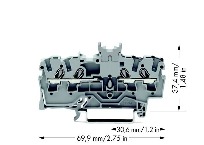 Bloc de connexion électrique gris avec quatre bornes. Les dimensions sont de 37,4 mm de hauteur, 30,6 mm de largeur et 69,9 mm de longueur.