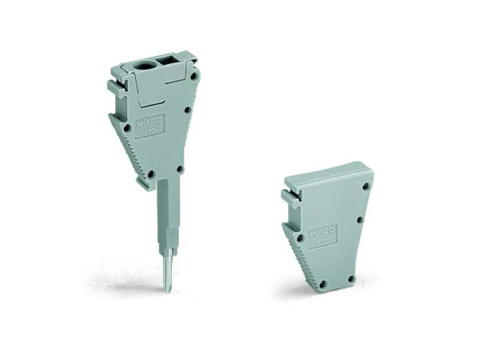 Deux bornes de connexion grises sur un fond blanc ; l'une entièrement assemblée, l'autre sans levier.