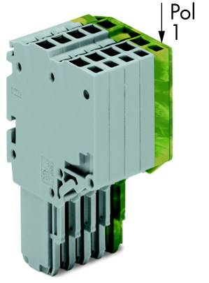 Un connecteur électrique gris avec un dos vert, marqué 'Pôle 1', montre sa connexion verticale.