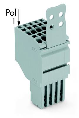 Connecteur électrique, gris, avec plusieurs contacts et trous de fixation à l'extrémité supérieure, marqué 'Pôle 1'.