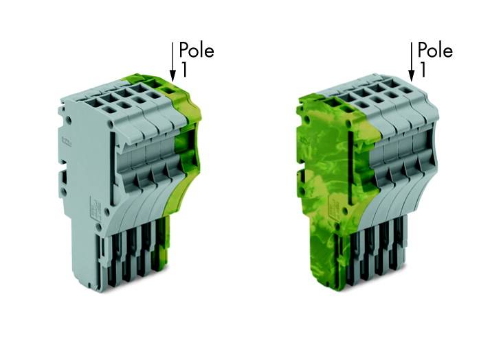 Deux connecteurs électriques, à gauche et à droite, avec la mention 'Pôle 1' marquée. Les deux ont des parties vertes et grises.