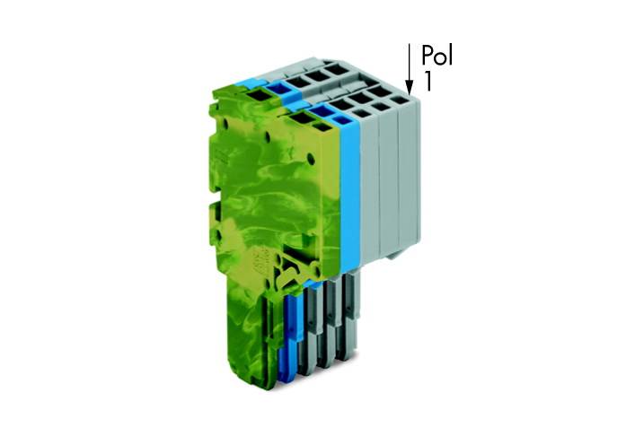 'Fiche PKS' en vert, gris et bleu, montrant les broches de connexion sur la face inférieure. Marquage 'Pôle 1' en haut à droite.
