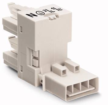 Un connecteur électrique blanc pour le raccordement de câbles. Des lettres 'N' et des chiffres '1L', '2L' sont visibles sur la partie supérieure.