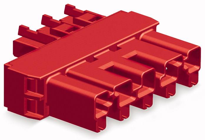 Une fiche rouge rectangulaire à plusieurs contacts, adaptée aux connexions électroniques.