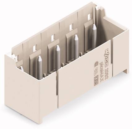 Un boîtier de connexion beige avec cinq broches métalliques. Il est marqué du texte 'WAGO 2060' et de divers symboles.