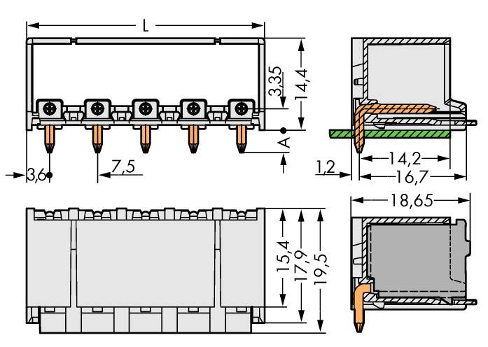 Dessin technique d'un connecteur avec indications de longueur : L représente la largeur totale, les autres dimensions variant entre 3,6 mm et 19,5 mm.
