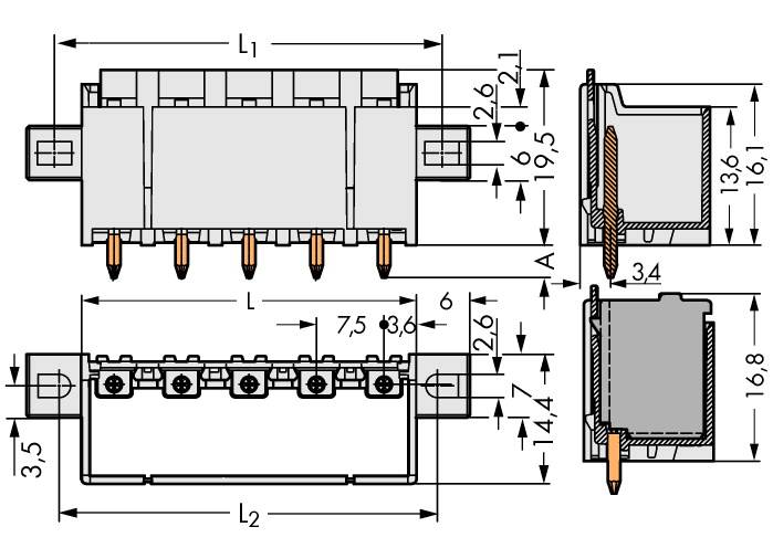Dessin technique d'un connecteur électrique avec cotes en millimètres. Présente les vues de face, de côté et de dessus.