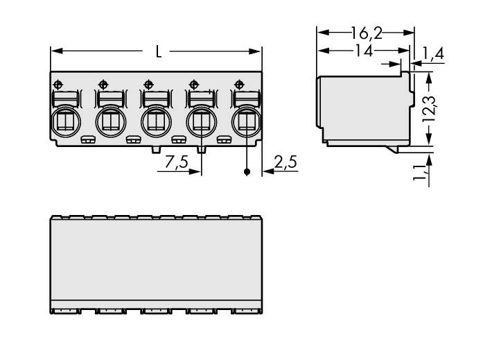 Dessin technique d'un connecteur à 5 broches avec dimensions : longueur (L), largeur 7,5 mm, hauteur 12,3 mm, et écartement des broches de 2,5 mm.