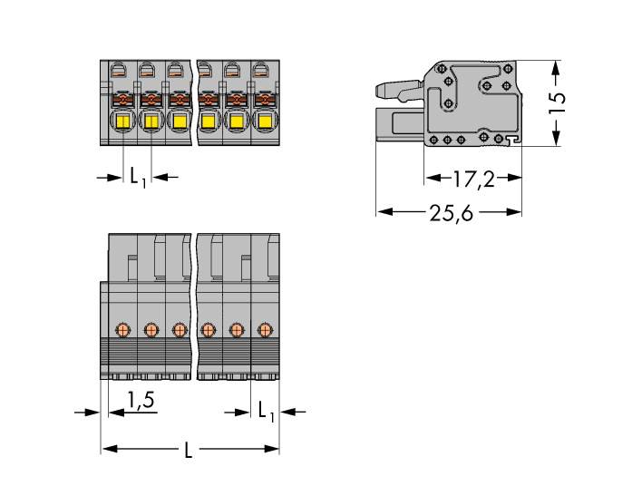 Dessin technique d'une borne de connexion électrique avec dimensions : largeur de 17,2 mm, profondeur de 25,6 mm, hauteur de 15 mm. Montre une vue de dessus et une vue latérale.