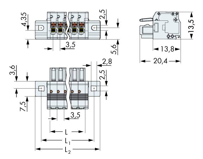 Dessin technique d'une borne électrique avec dimensions. Présente les vues de face, de côté et de dessus avec des mesures détaillées.