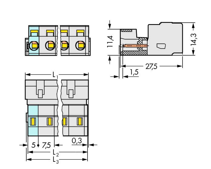 Dessin technique d'un connecteur électrique avec ses dimensions. Vue en coupe en haut à droite montrant la structure interne et une longueur de 27,5 mm.
