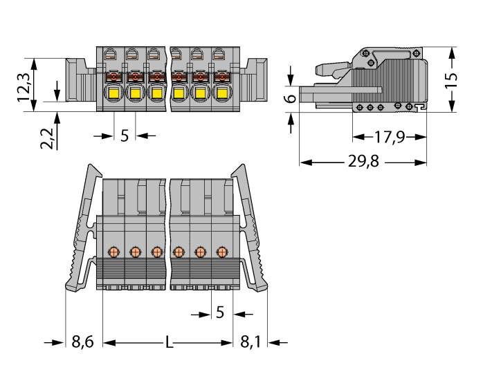 Dessin technique d'un connecteur avec dimensions : Vue de dessus indiquant une largeur de 12,3 mm, vue de côté montrant une longueur de 29,8 mm et une hauteur de 15 mm.