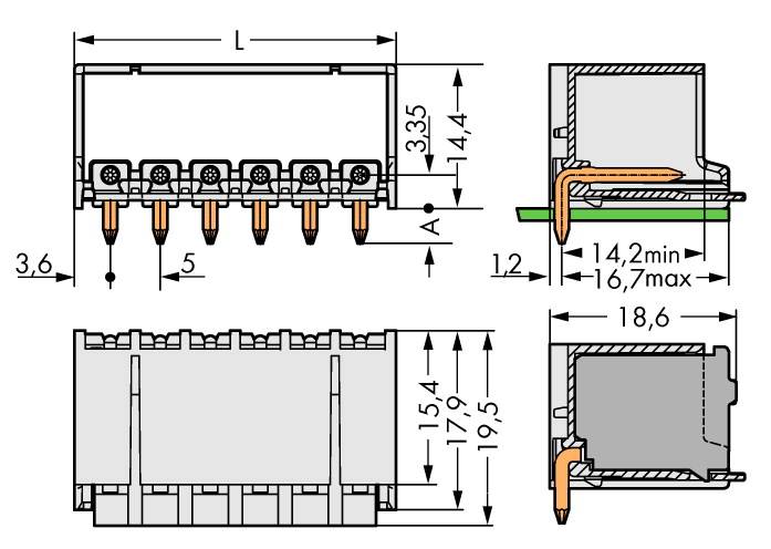 Dessin technique d'un connecteur avec dimensions et coupe transversale. Illustre les écarts entre broches, les longueurs et les hauteurs de montage pour l'installation.